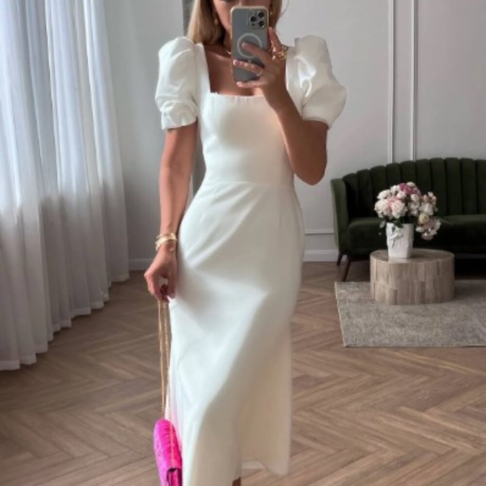Post Meridiem - Godet Silhouette Square Neck Midi Dress - Size Small